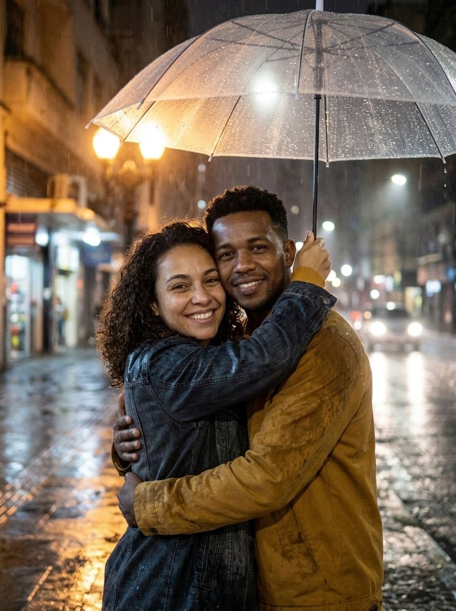 Abraço na chuva com um guarda-chuva só