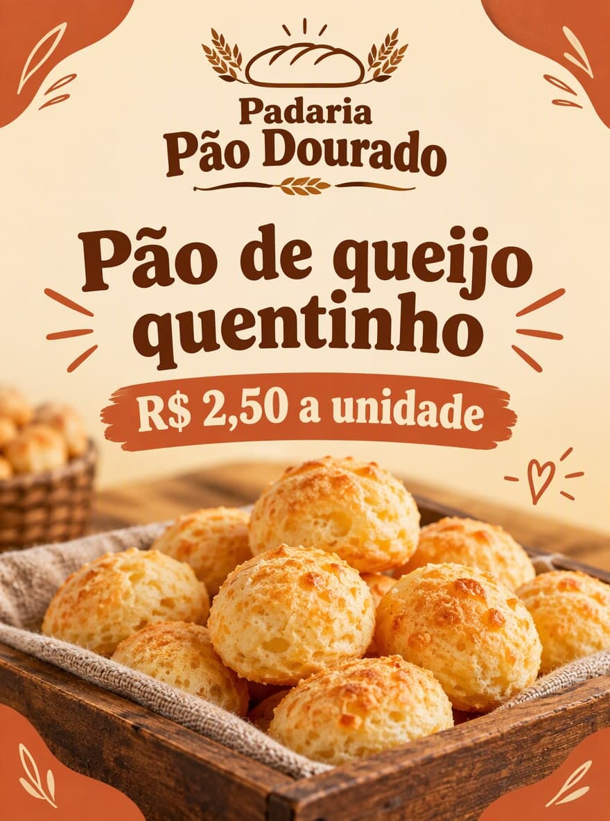 Padaria e pastelaria: “Padaria Pão Dourado” · “Pão de queijo quentinho R$ 2,50 a unidade”