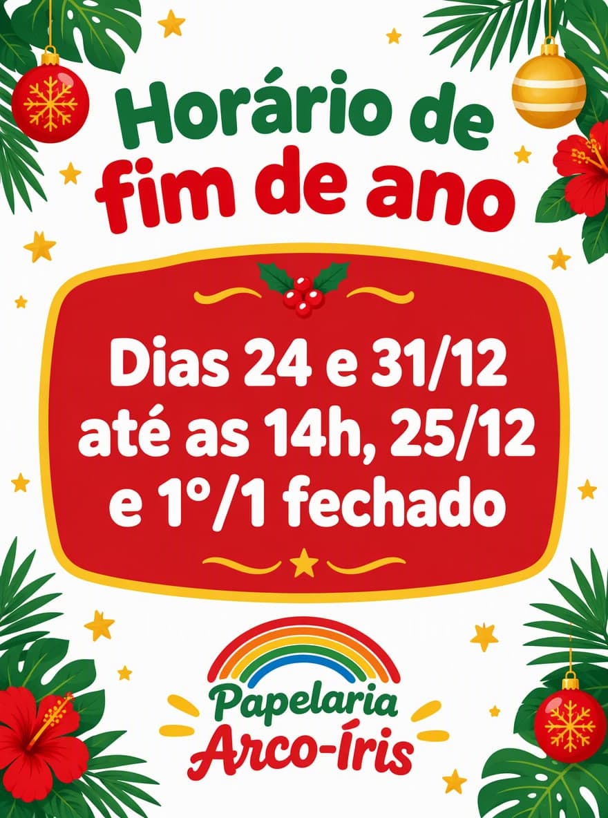 Horário de fim de ano (Brasil): “Papelaria Arco-Íris” · “Dias 24 e 31/12 até as 14h, 25/12 e 1º/1 fechado”