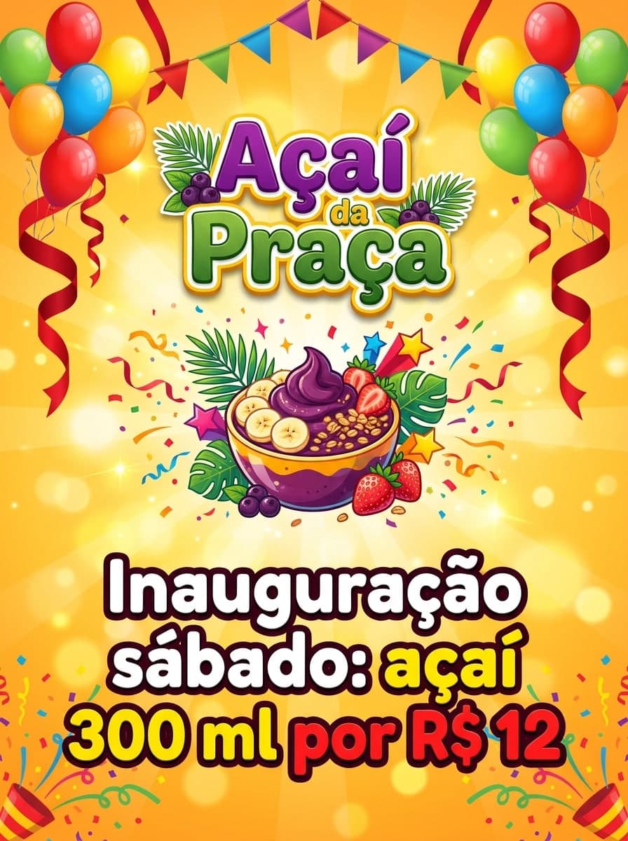 Inauguração: “Açaí da Praça” · “Inauguração sábado: açaí 300 ml por R$ 12”
