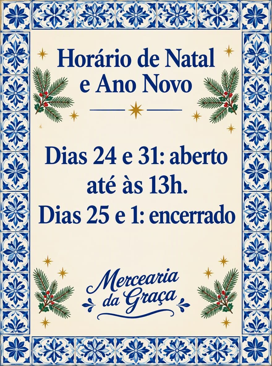 Horário de Natal (Portugal): “Mercearia da Graça” · “Dias 24 e 31: aberto até às 13h. Dias 25 e 1: encerrado”