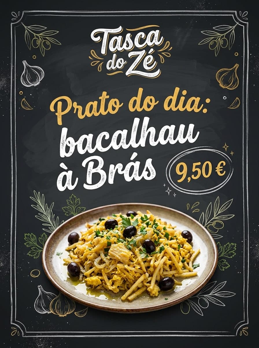 Lousa de restaurante: “Tasca do Zé” · “Prato do dia: bacalhau à Brás 9,50 €”