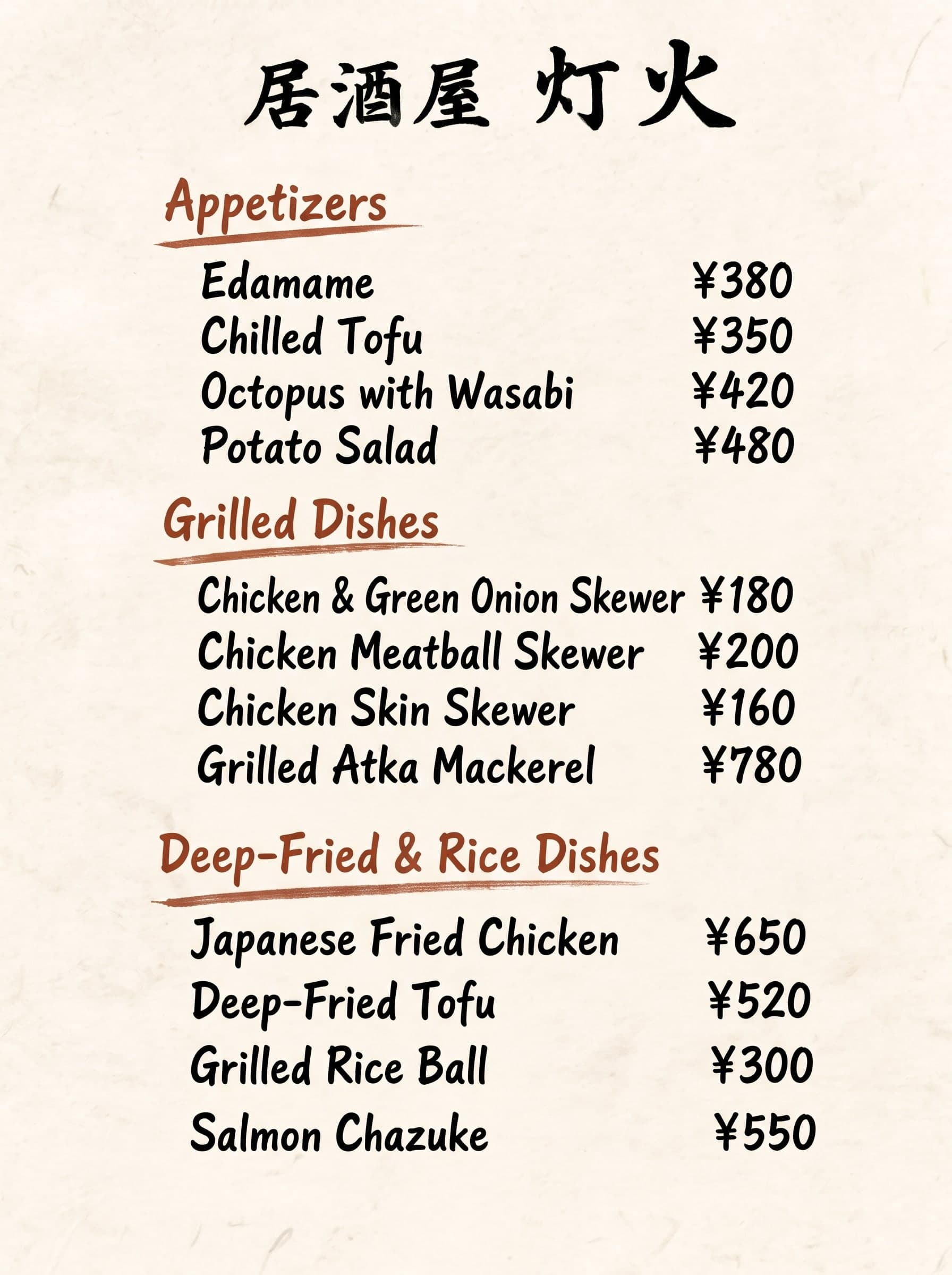 Izakaya menu, Japanese to English