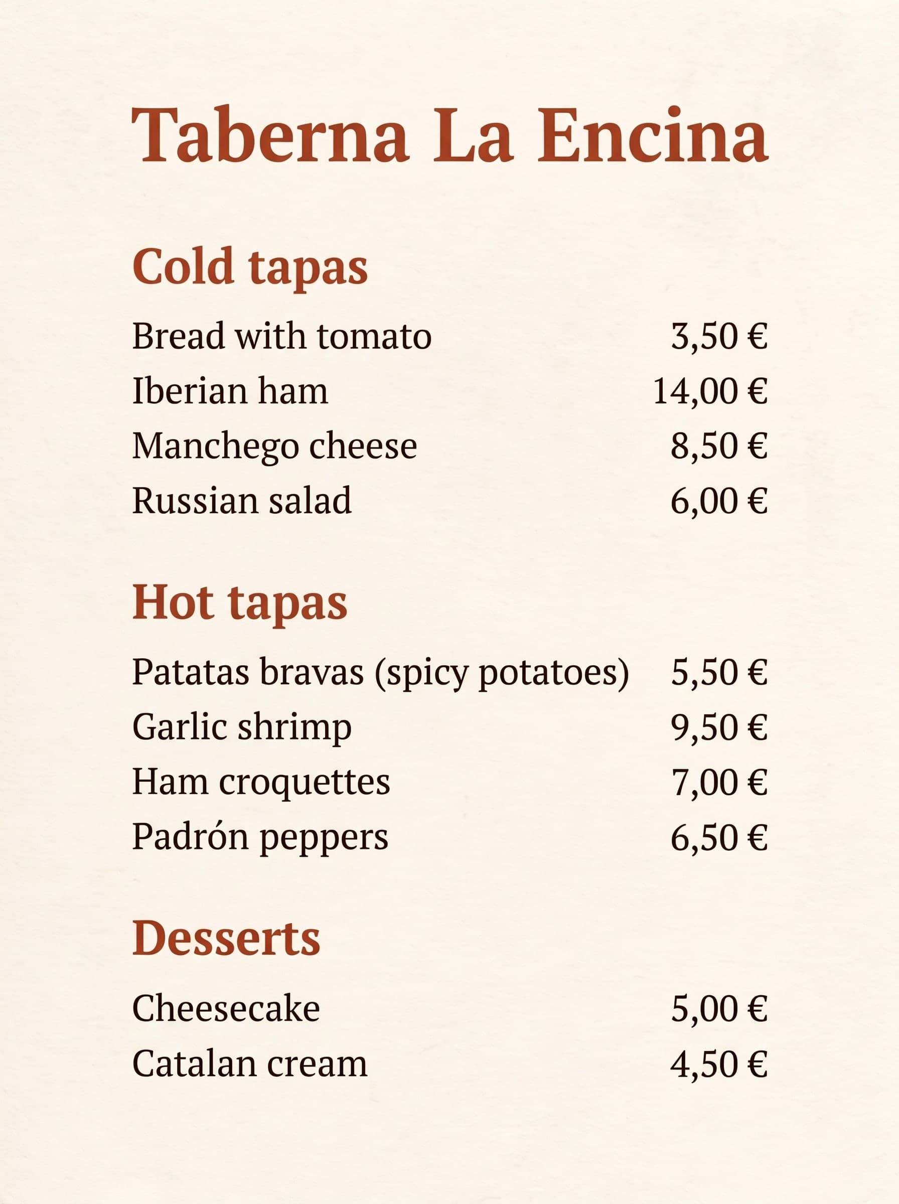 Tapas menu, Spanish to English
