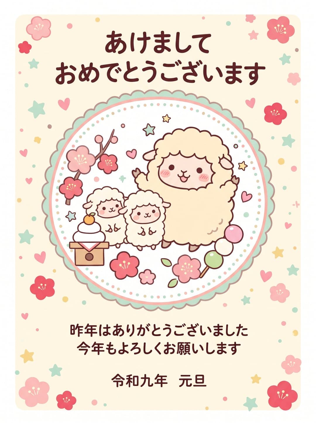 写真なし・かわいい・ひつじのイラスト: 「あけましておめでとうございます」 · 「昨年はありがとうございました 今年もよろしくお願いします」 · 「令和九年 元旦」
