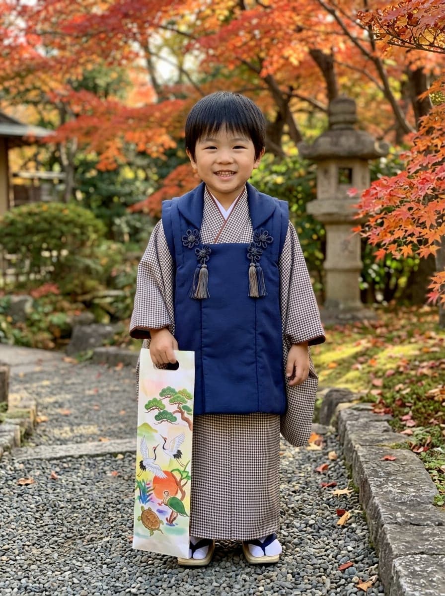 3歳の男の子、被布で日本庭園