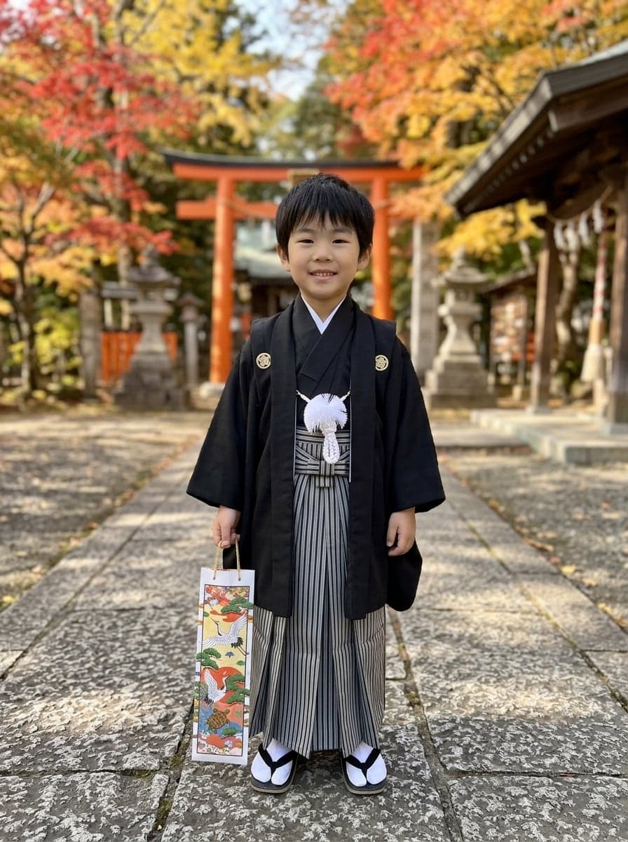 5歳の男の子、羽織袴で神社に
