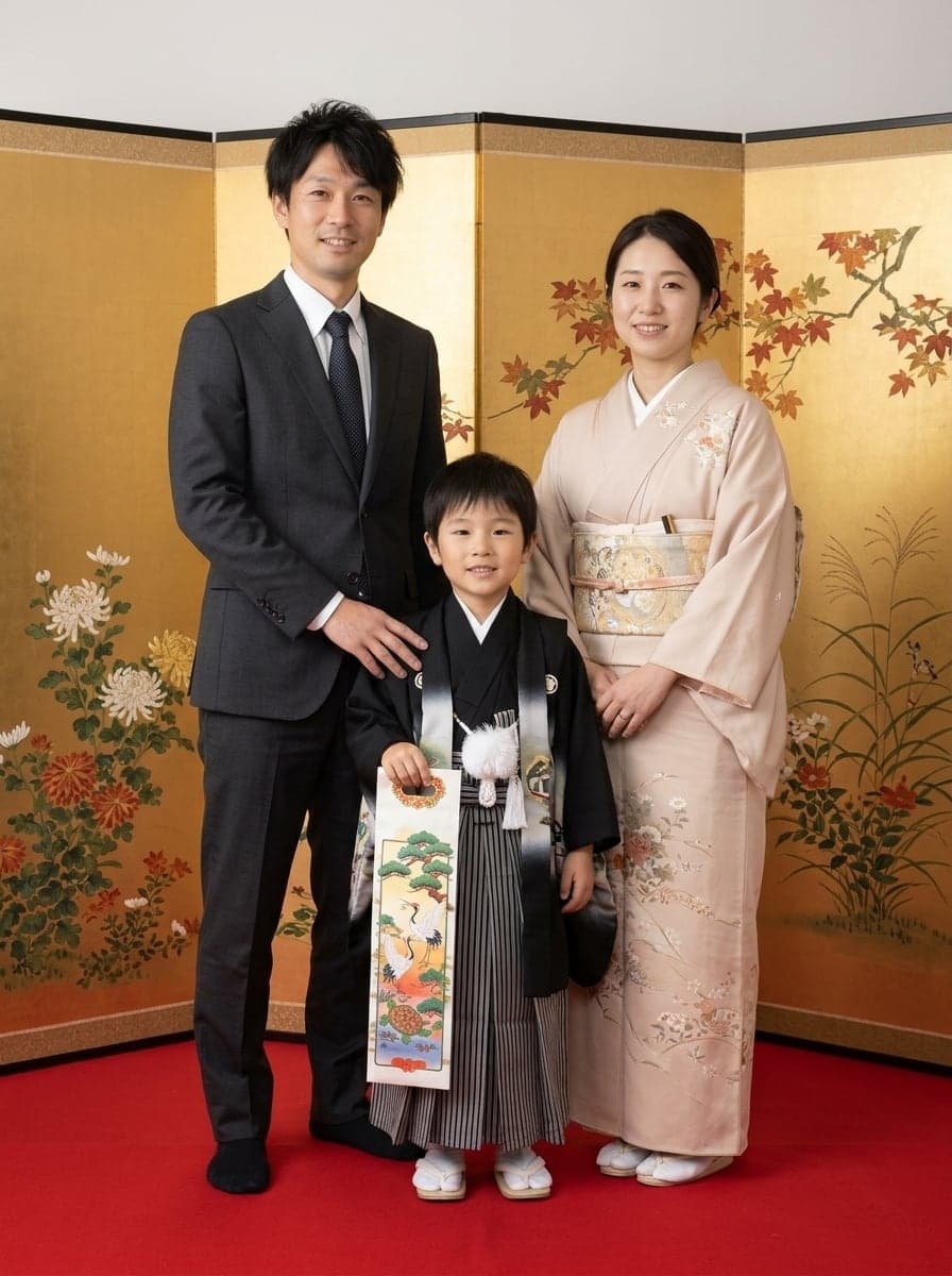 同じ3人家族、写真館で