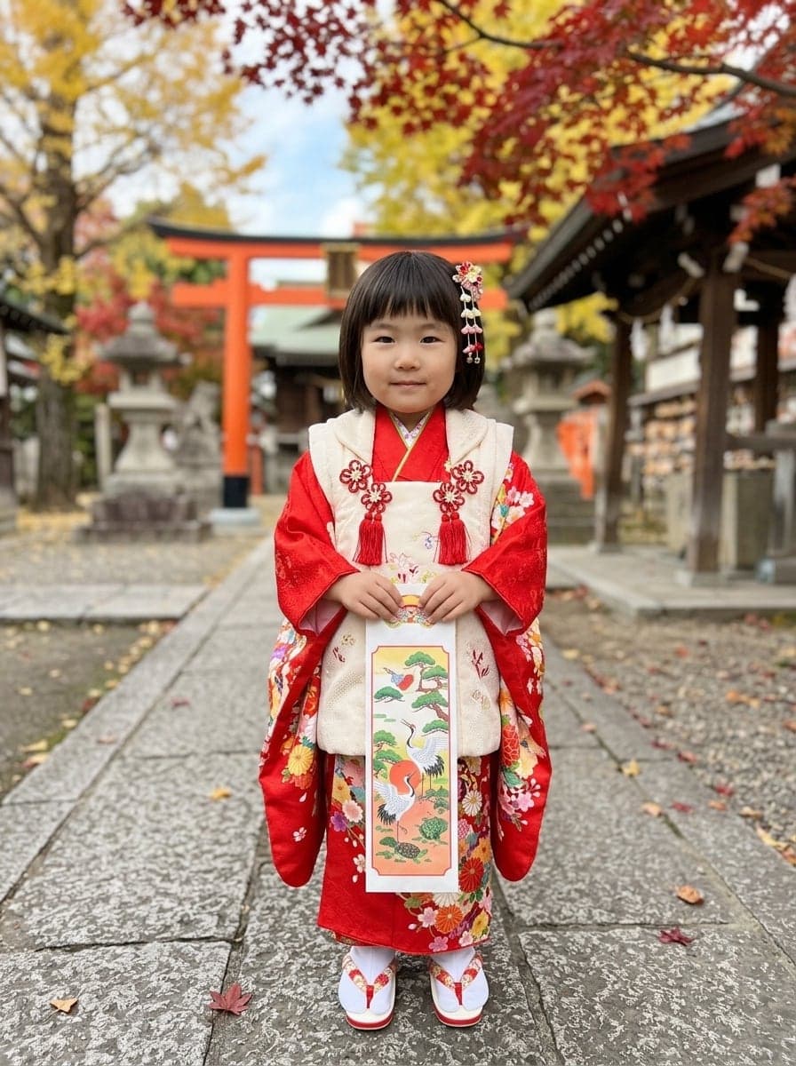 3歳の女の子、被布で神社に