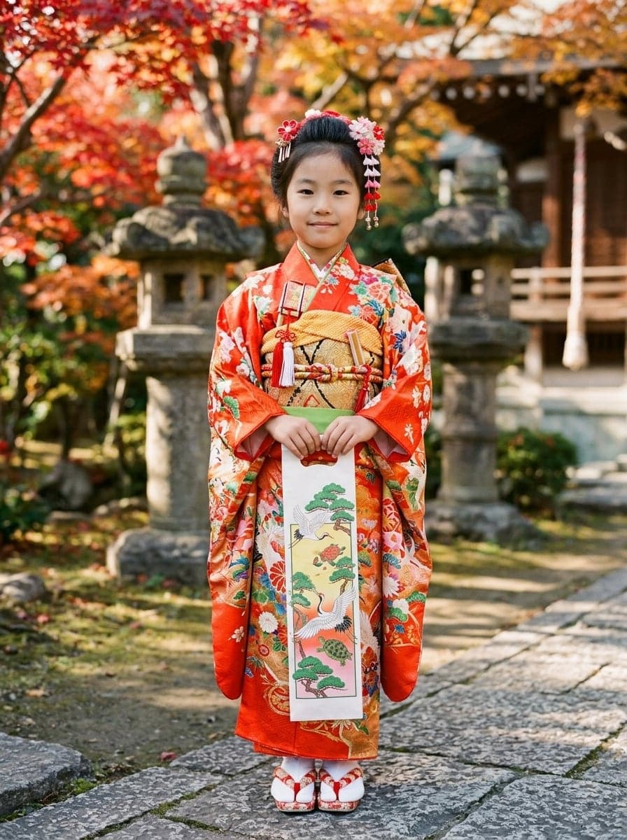 同じ7歳の女の子、紅葉の庭で
