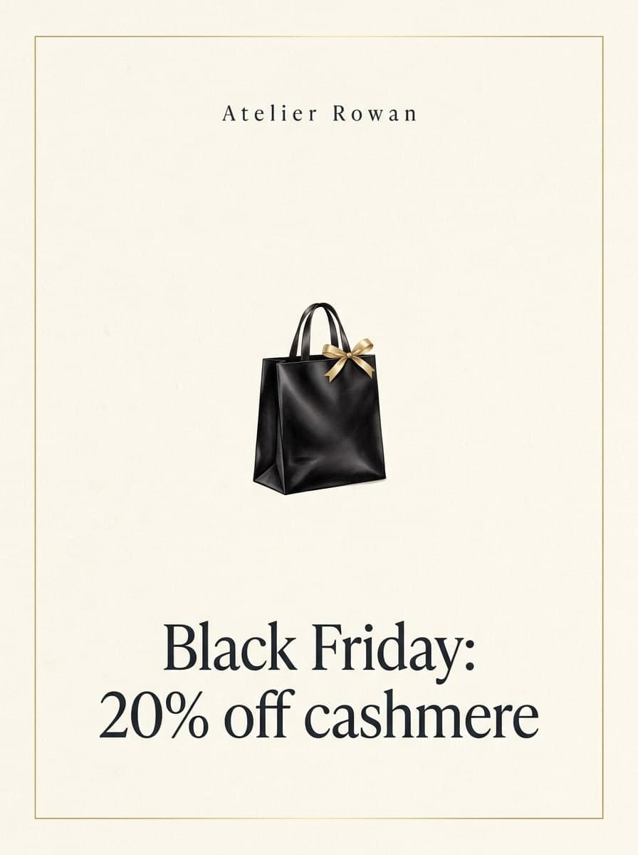 Minimal luxury: “Atelier Rowan” · “Black Friday: 20% off cashmere”