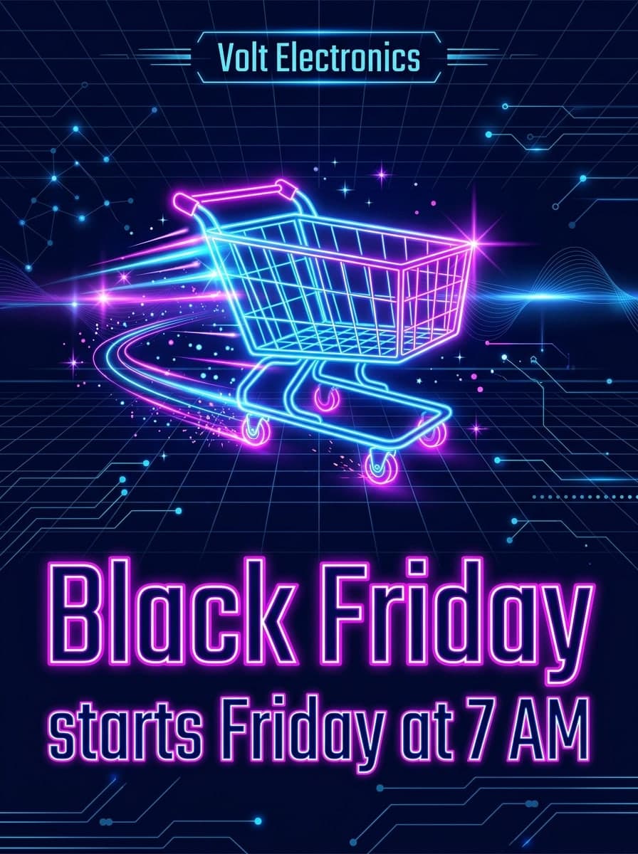 Neon digital: “Volt Electronics” · “Black Friday starts Friday at 7 AM”