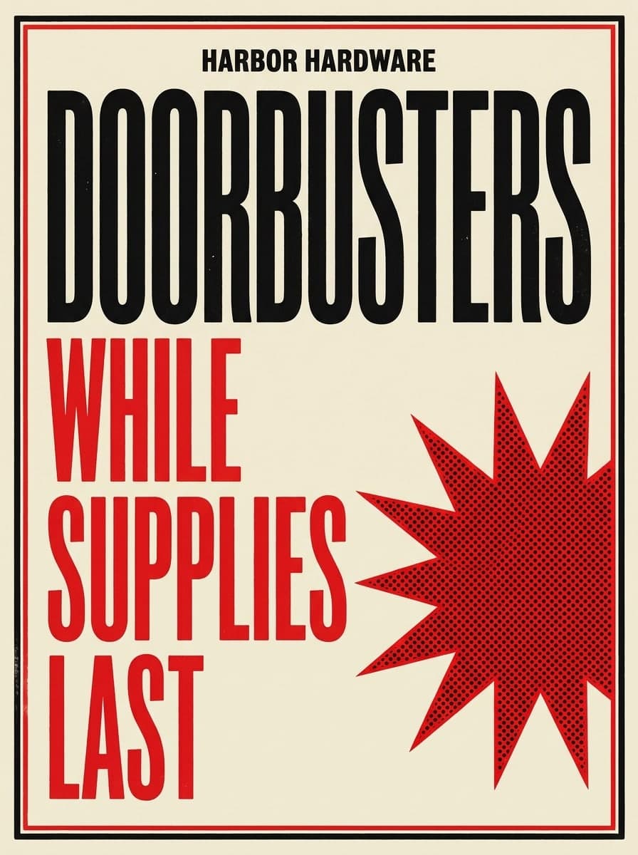 Window sign: “Harbor Hardware” · “Doorbusters while supplies last”