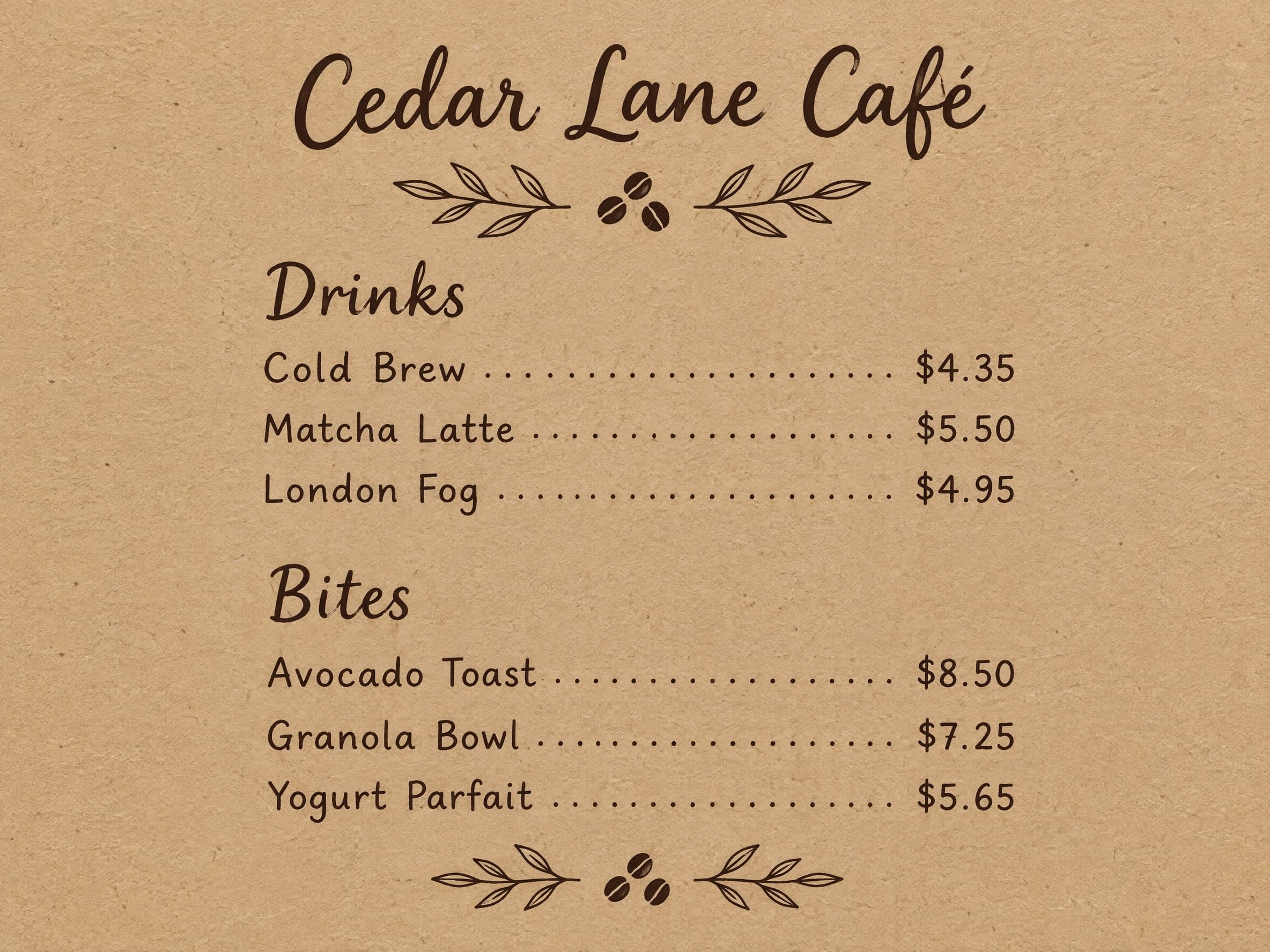 Kraft paper: Cedar Lane Café · Drinks: Cold Brew $4.35 · Matcha Latte $5.50 · London Fog $4.95 ｜ Bites: Avocado Toast $8.50 · Granola Bowl $7.25 · Yogurt Parfait $5.65