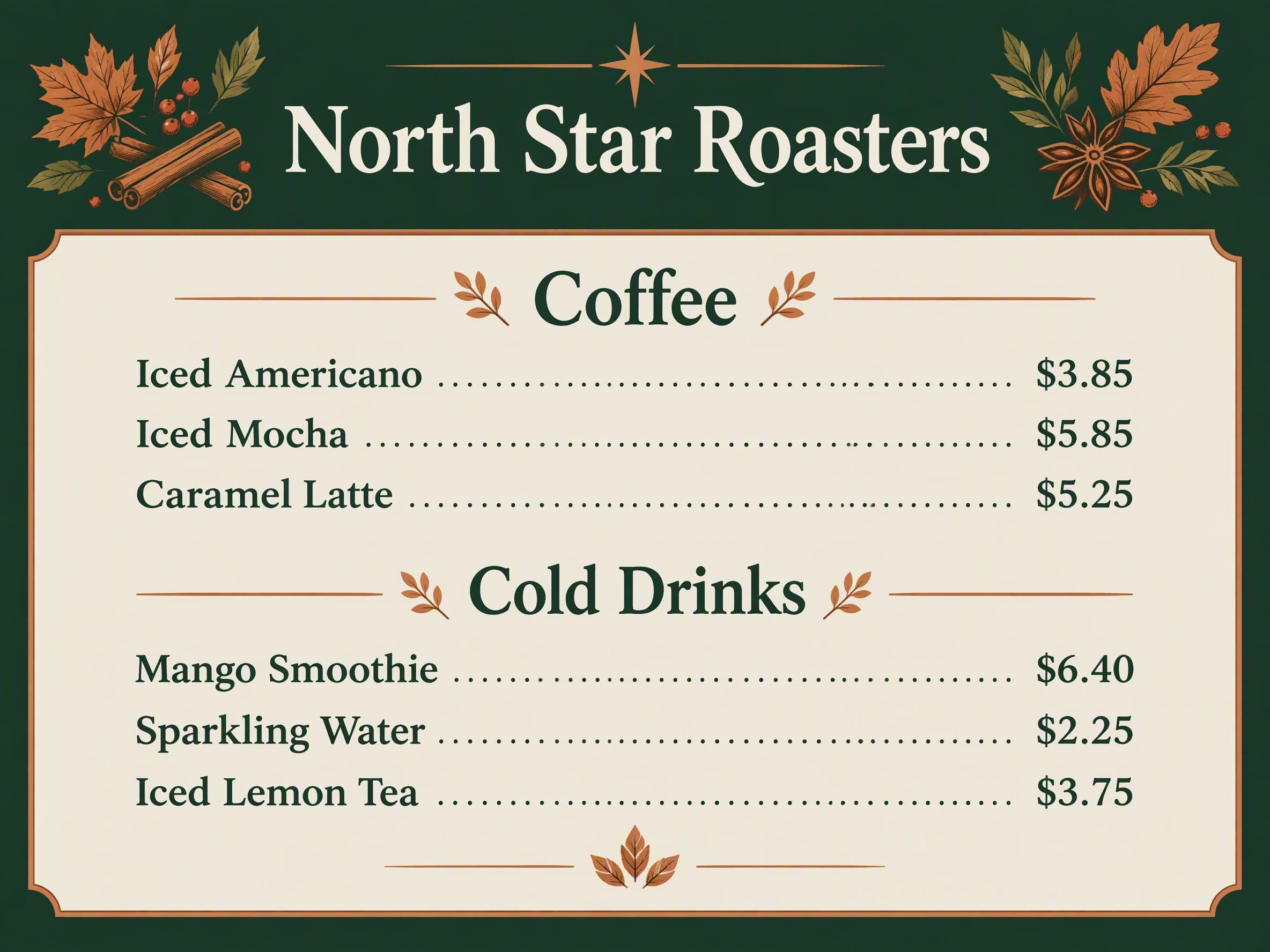 Seasonal limited: North Star Roasters · Coffee: Iced Americano $3.85 · Iced Mocha $5.85 · Caramel Latte $5.25 ｜ Cold Drinks: Mango Smoothie $6.40 · Sparkling Water $2.25 · Iced Lemon Tea $3.75