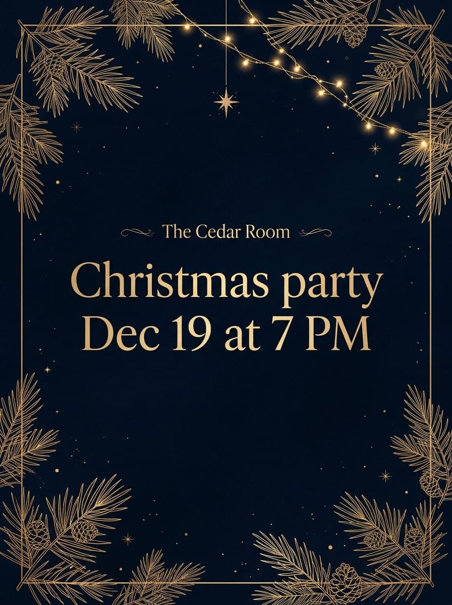 Party invitation: “The Cedar Room” · “Christmas party Dec 19 at 7 PM”