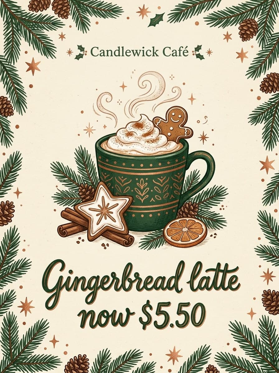Café specials: “Candlewick Café” · “Gingerbread latte now $5.50”