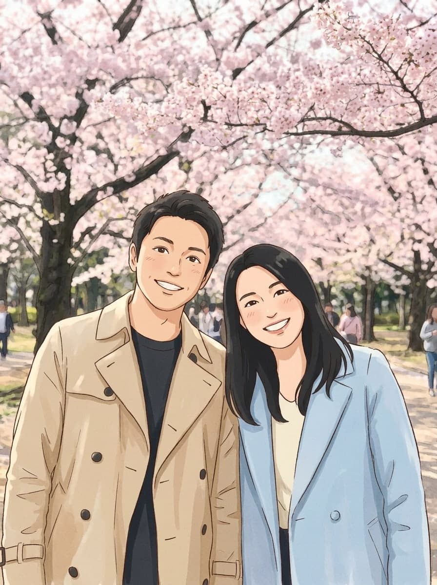 桜の下のカップルを水彩アニメ映画風に