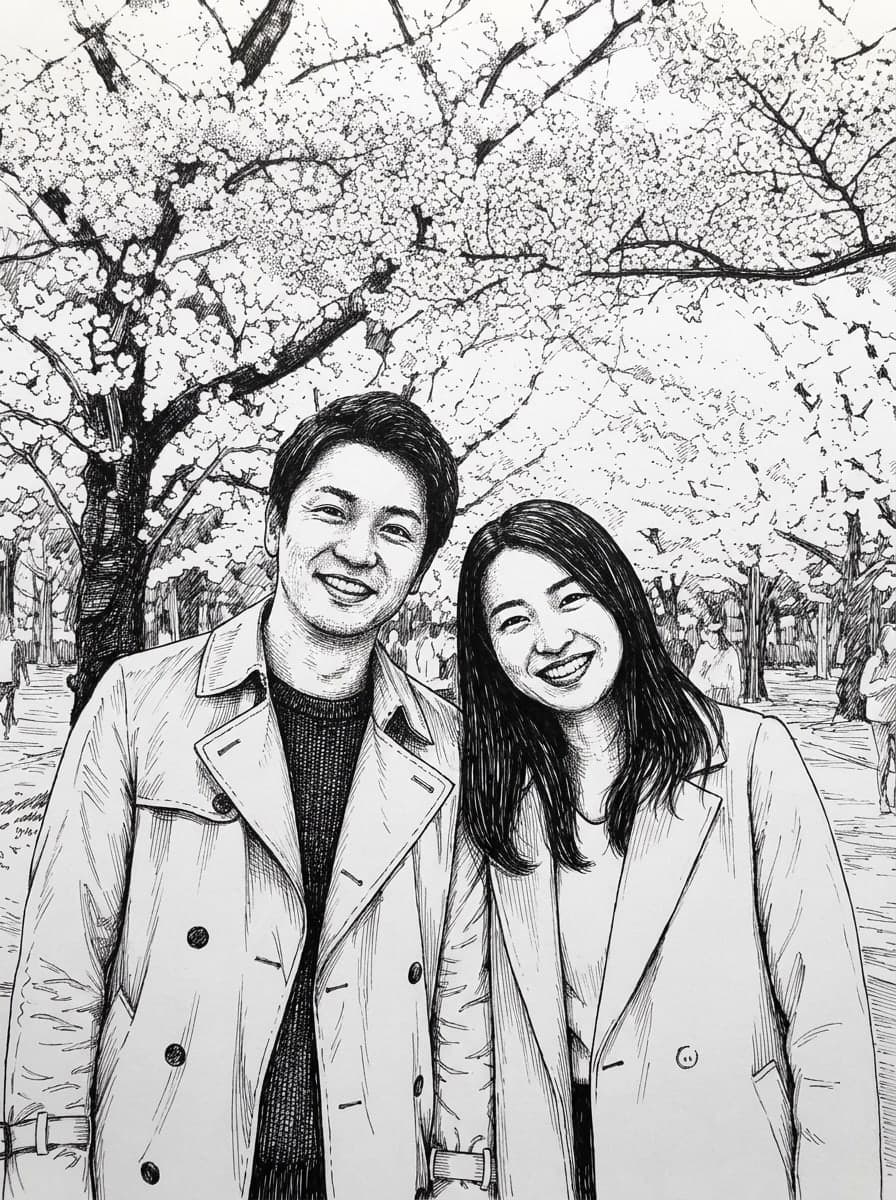 桜の下のふたりをペン画に