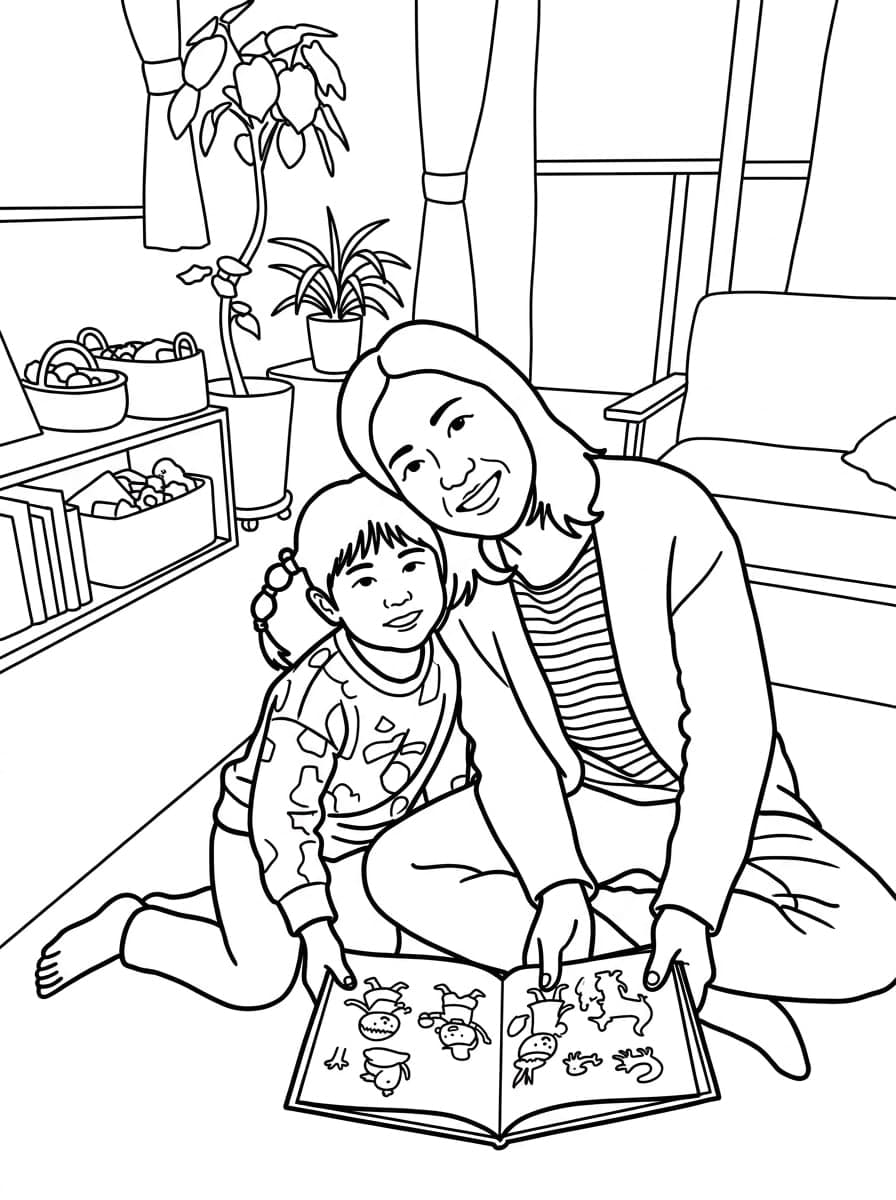 絵本を読む親子をぬりえに