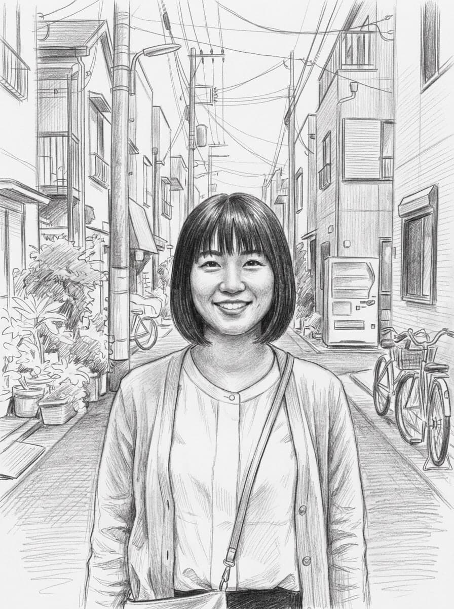街角のポートレートを鉛筆画に