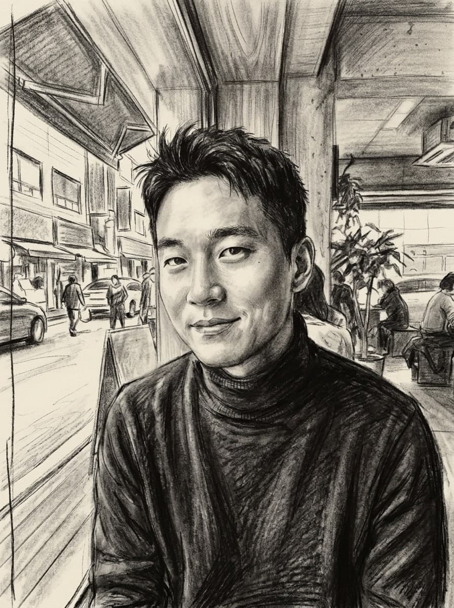 서울 카페 인물 사진을 목탄화로