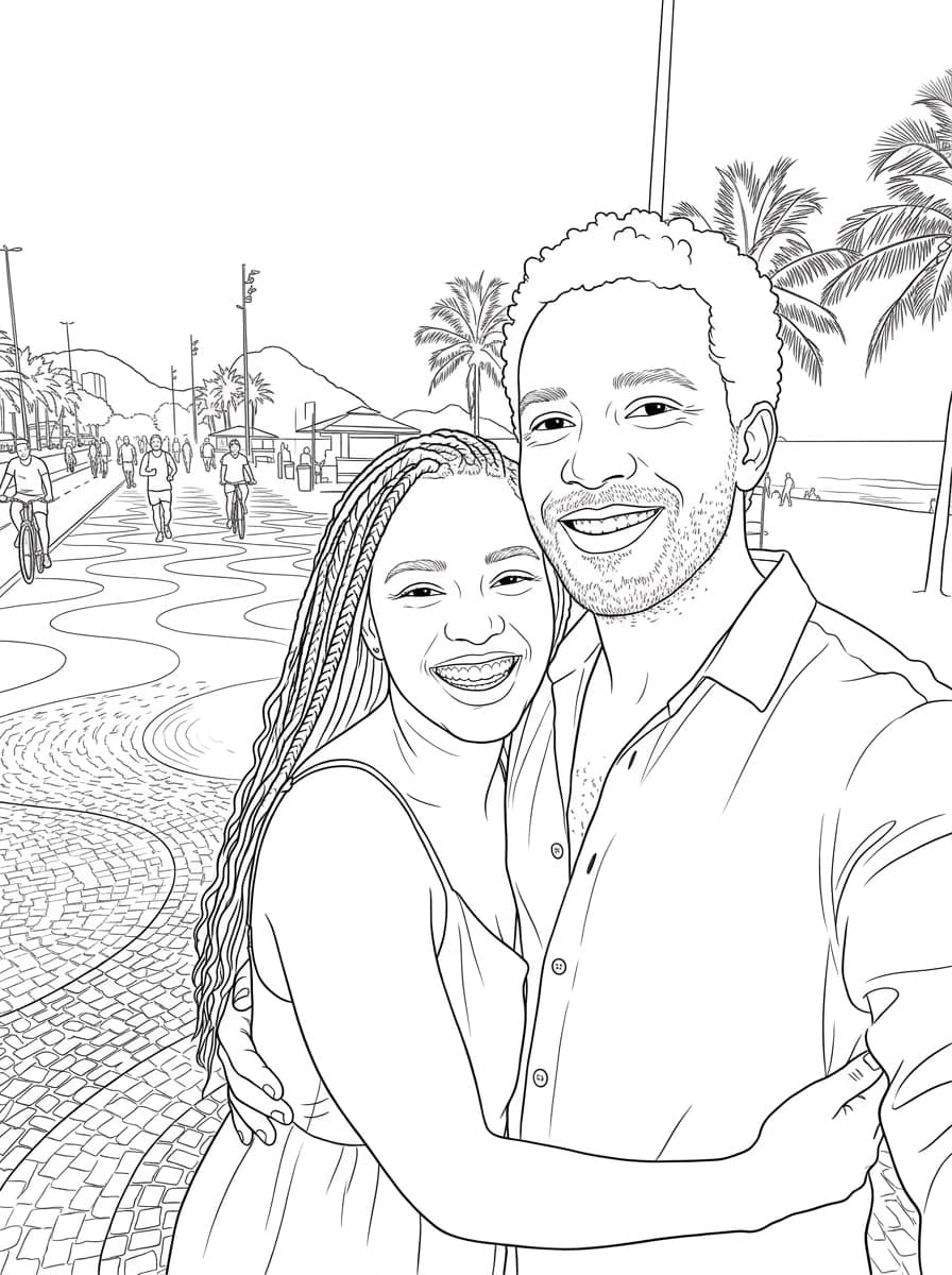 Casal na praia em desenho de linhas