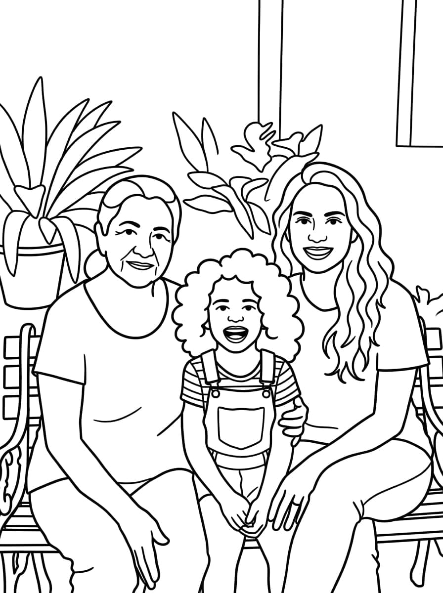 Avó, mãe e filha para colorir