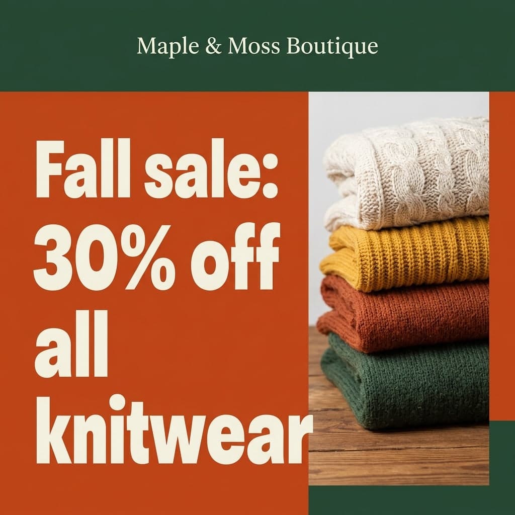 Sale: “Maple & Moss Boutique” · “Fall sale: 30% off all knitwear”