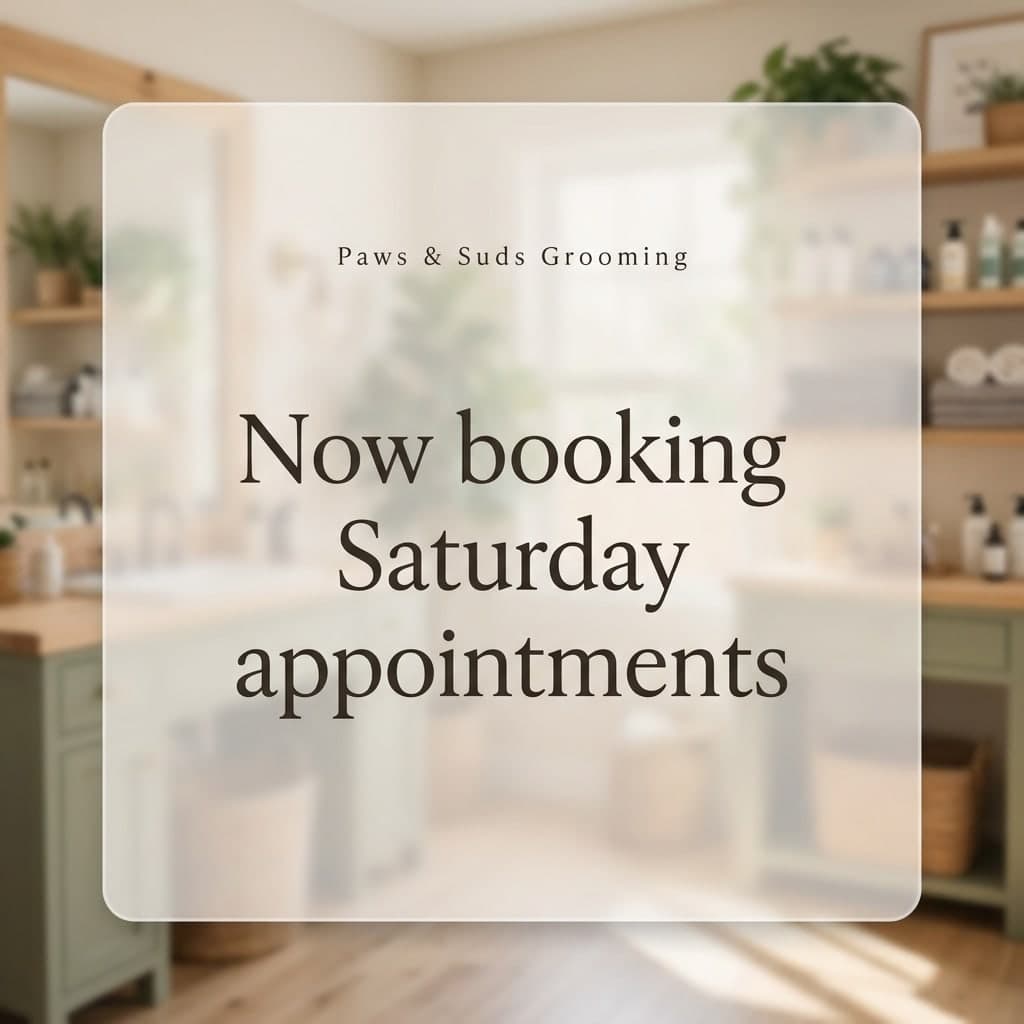 Announcement: “Paws & Suds Grooming” · “Now booking Saturday appointments”