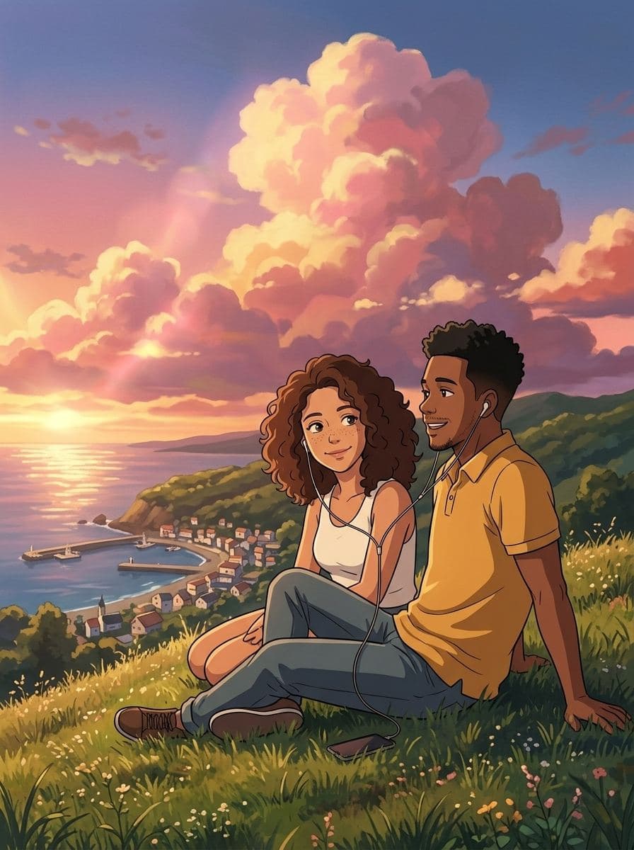Anime couple at sunset