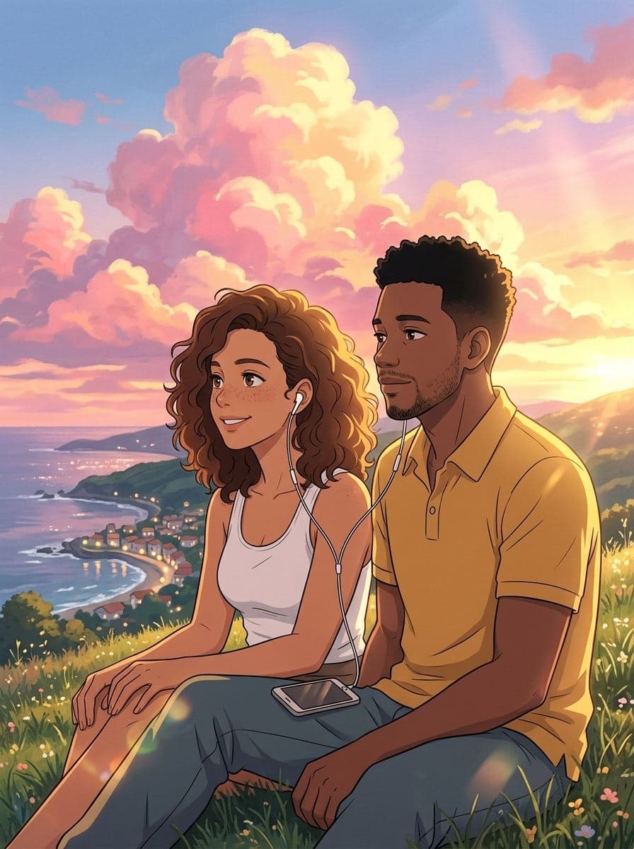 Casal em anime ao pôr do sol