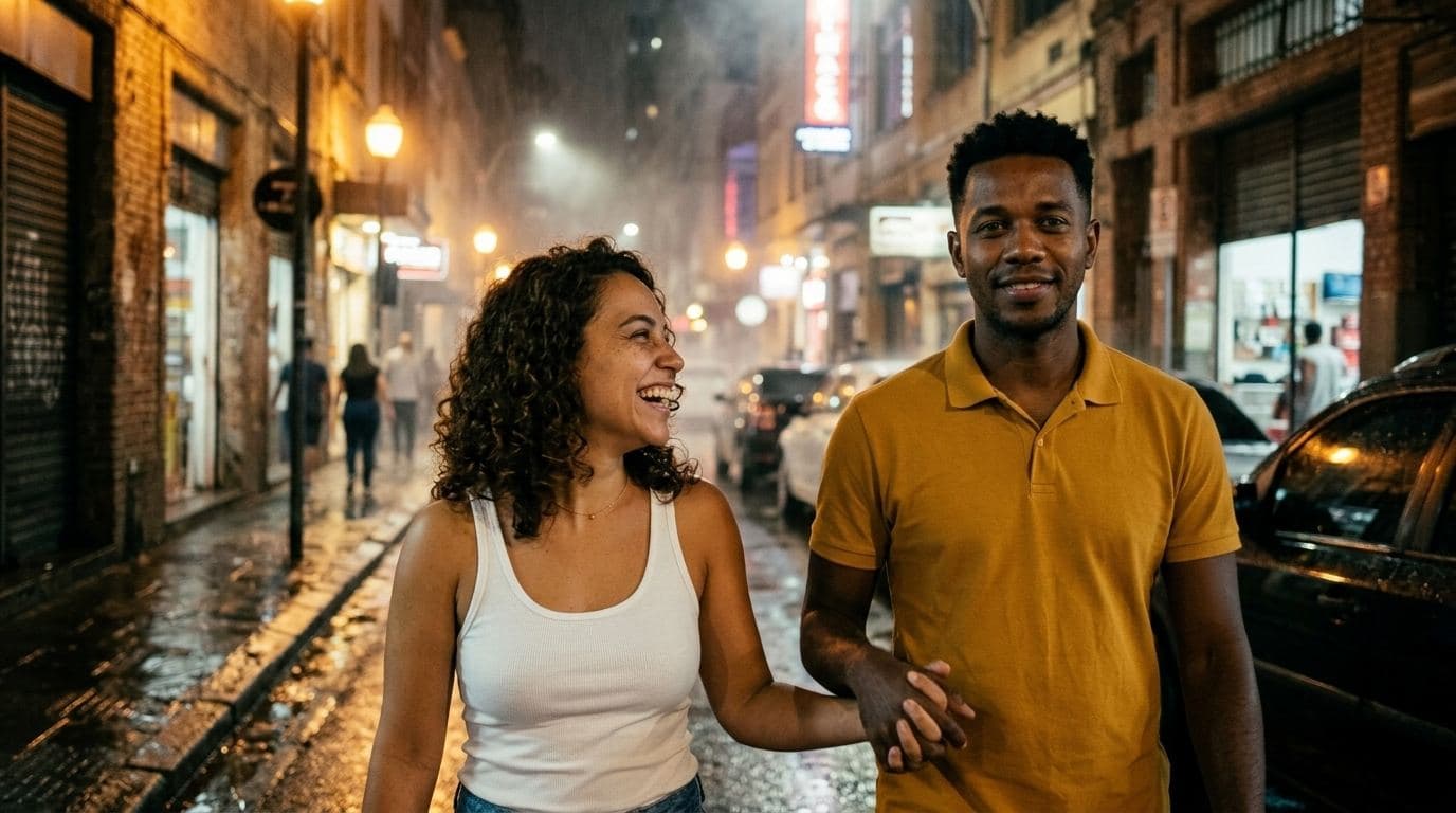 Caminhada de cinema depois da chuva
