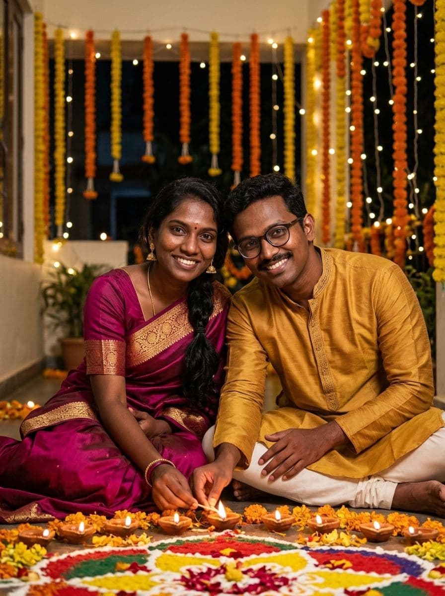 Acendendo diyas na noite de Diwali