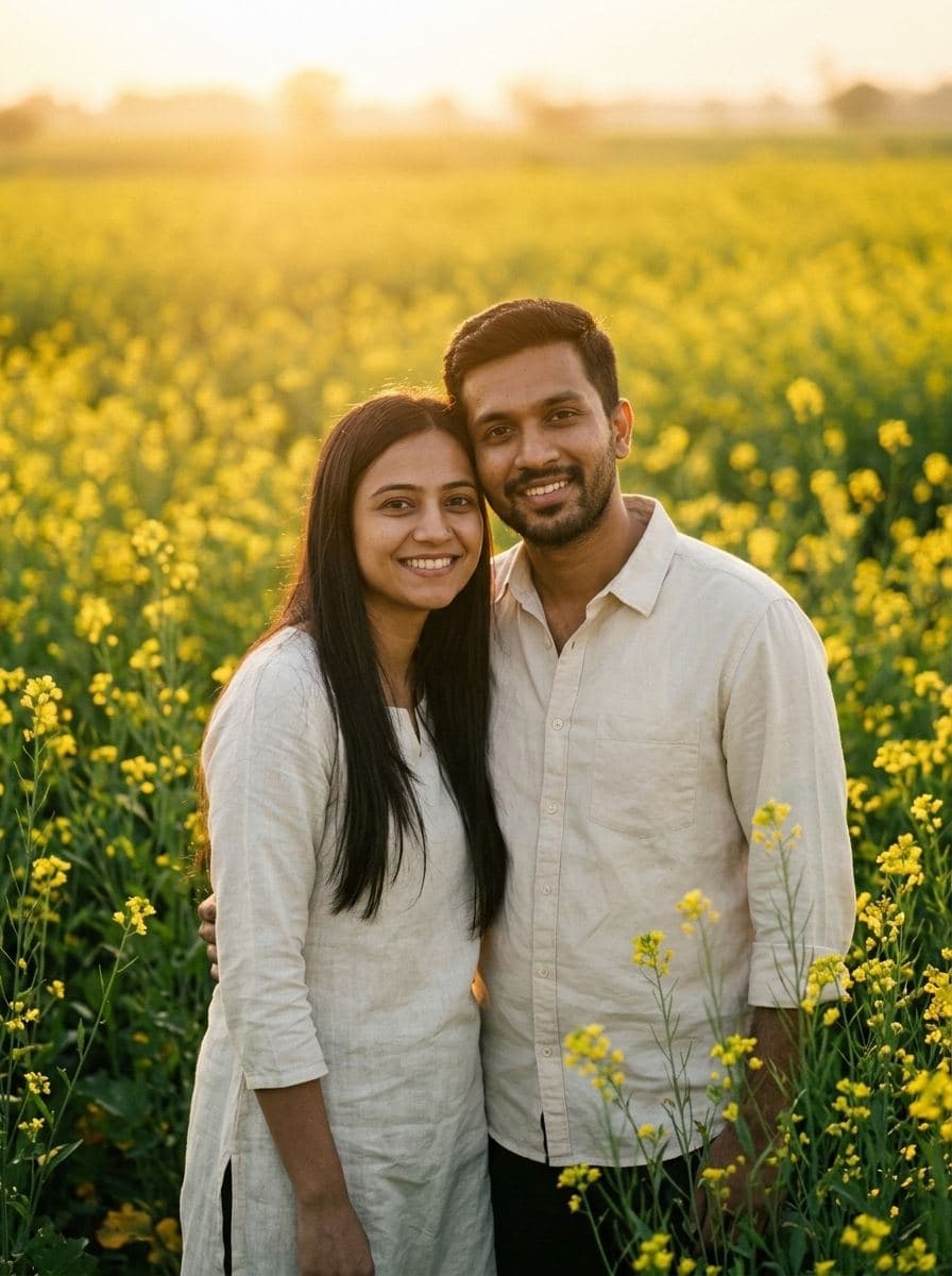 Golden hour in a mustard field