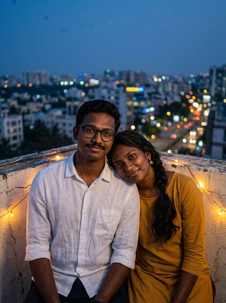 Rooftop fairy lights at blue hour