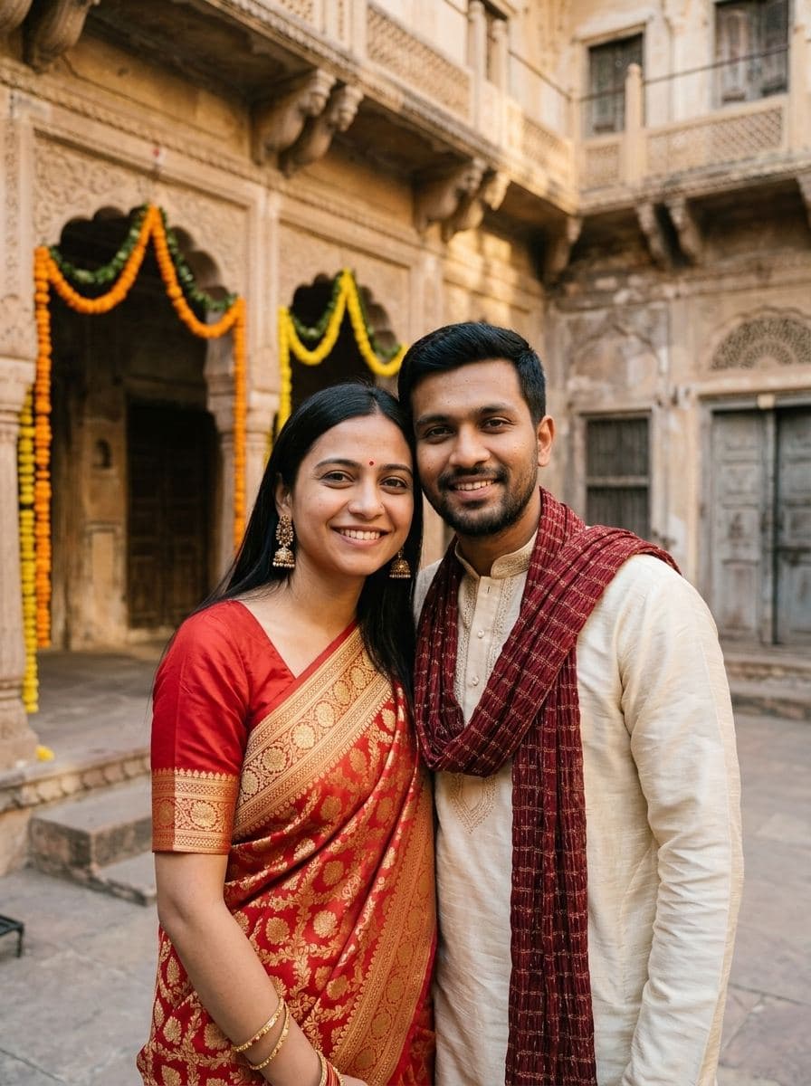 Saree and kurta in a haveli courtyard