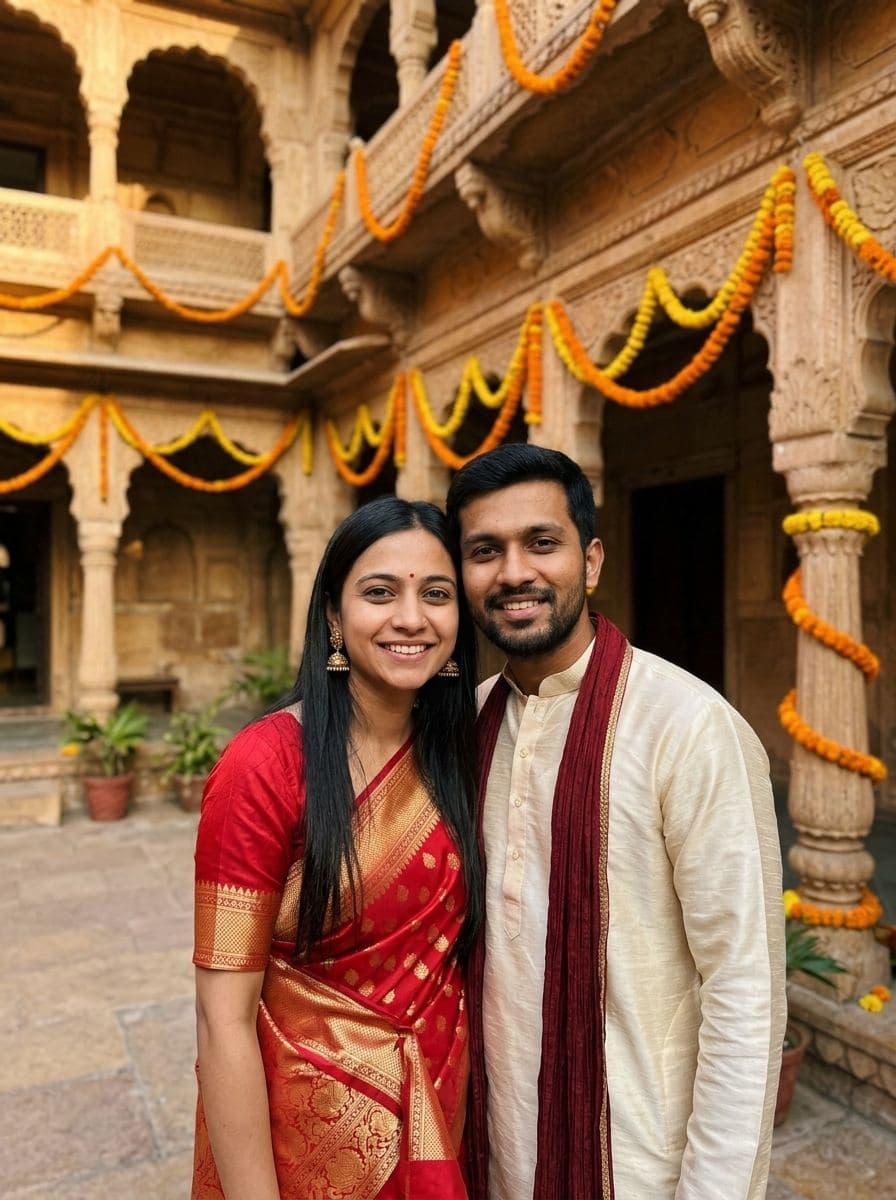 Sári e kurta no pátio de uma haveli