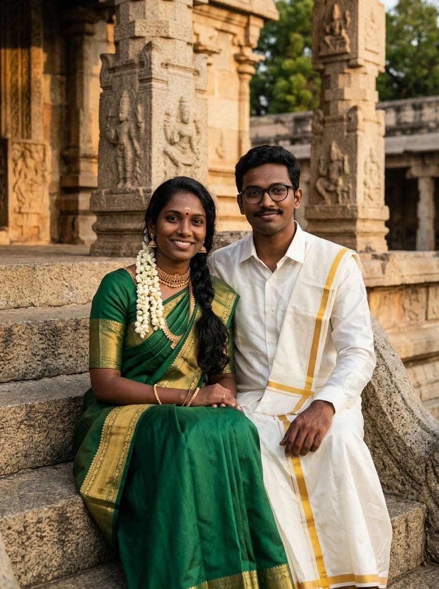 Kanjeevaram silk on temple steps