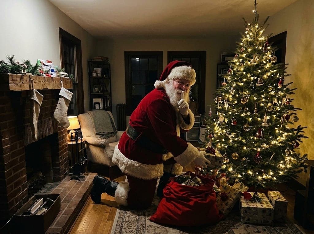Empty living room, Santa leaves gifts