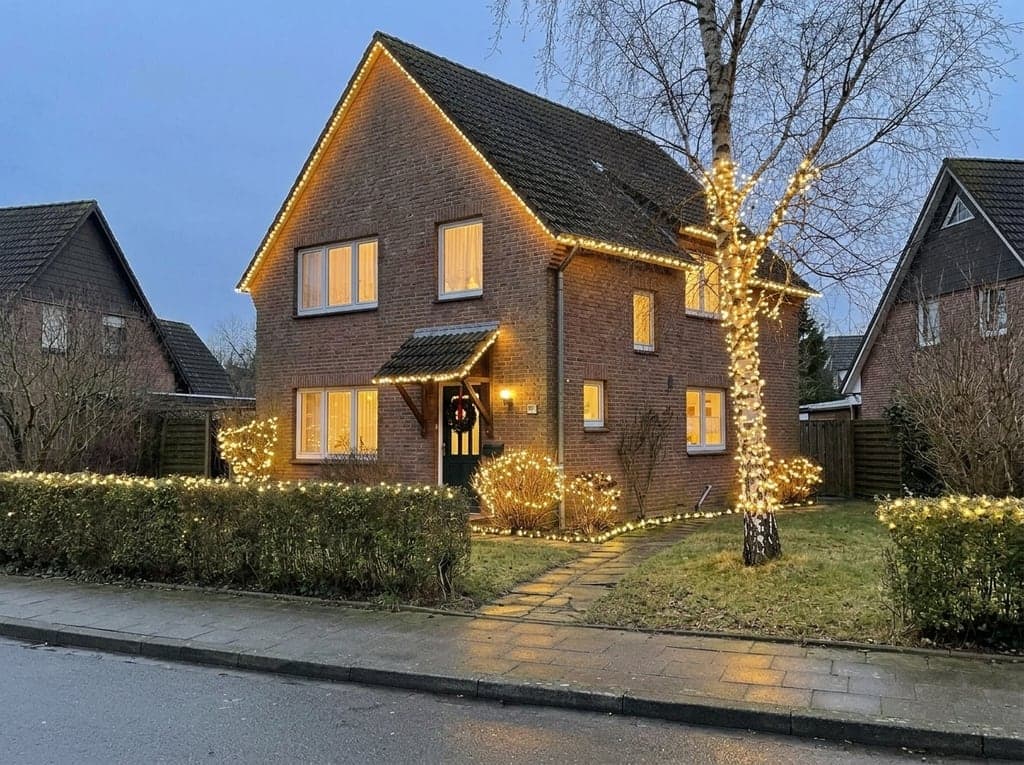 European brick house, warm white lights