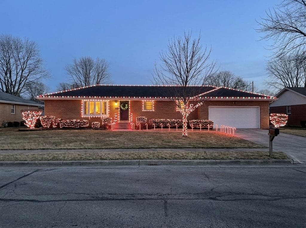 Brick ranch house, red and white