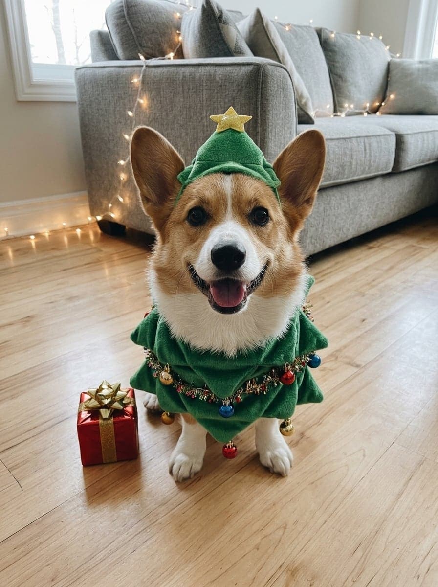 Same corgi as a Christmas tree