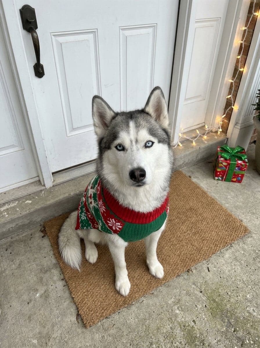 Husky in an ugly Christmas sweater