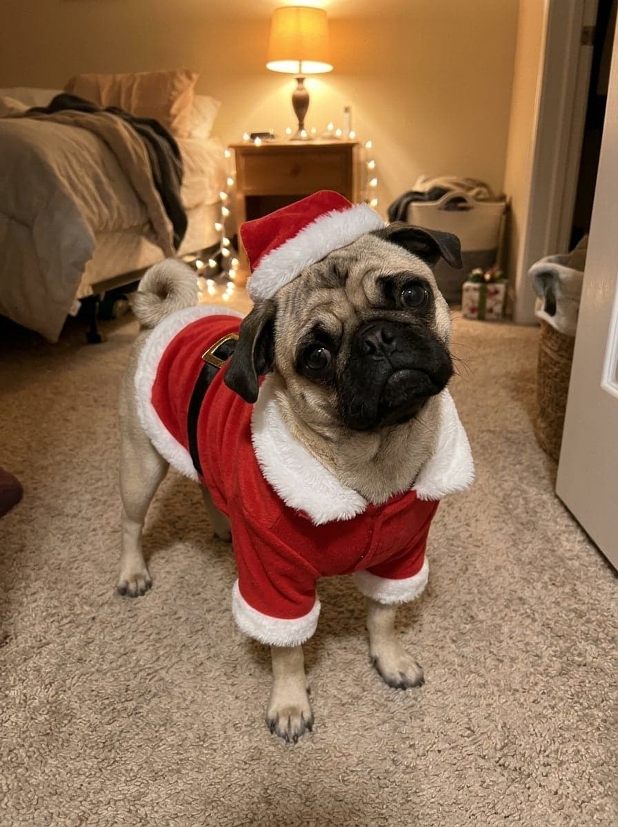 Same pug in a Santa suit