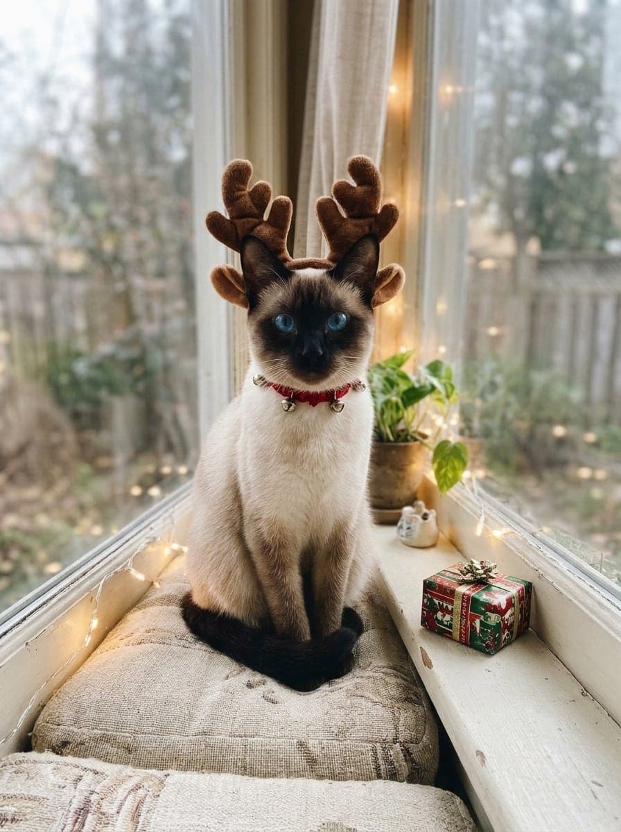 Siamese cat with reindeer antlers