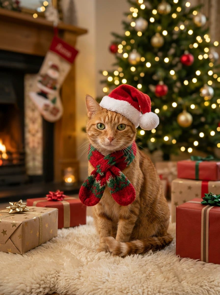Ginger cat in a Santa hat