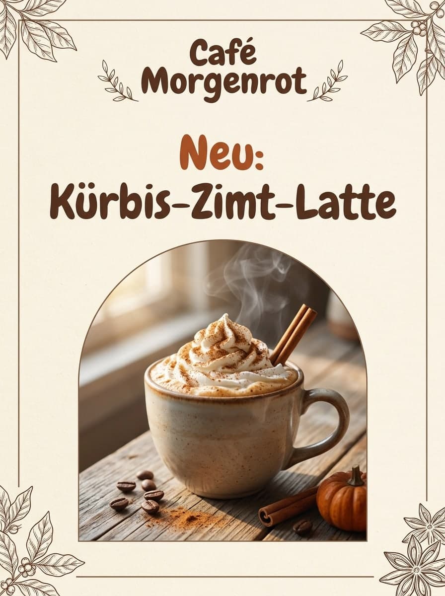 Café-Neuheit: „Café Morgenrot“ · „Neu: Kürbis-Zimt-Latte“