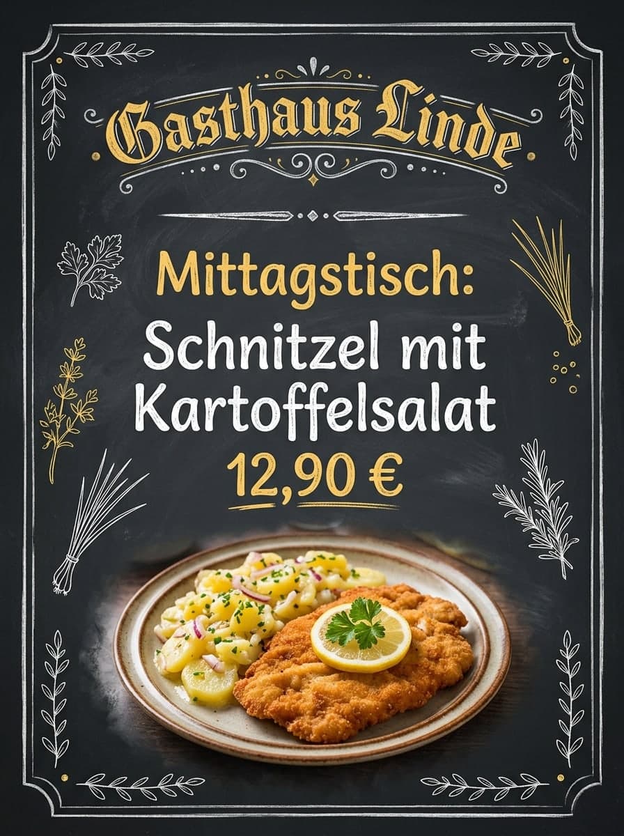 Restaurant-Tafel: „Gasthaus Linde“ · „Mittagstisch: Schnitzel mit Kartoffelsalat 12,90 €“