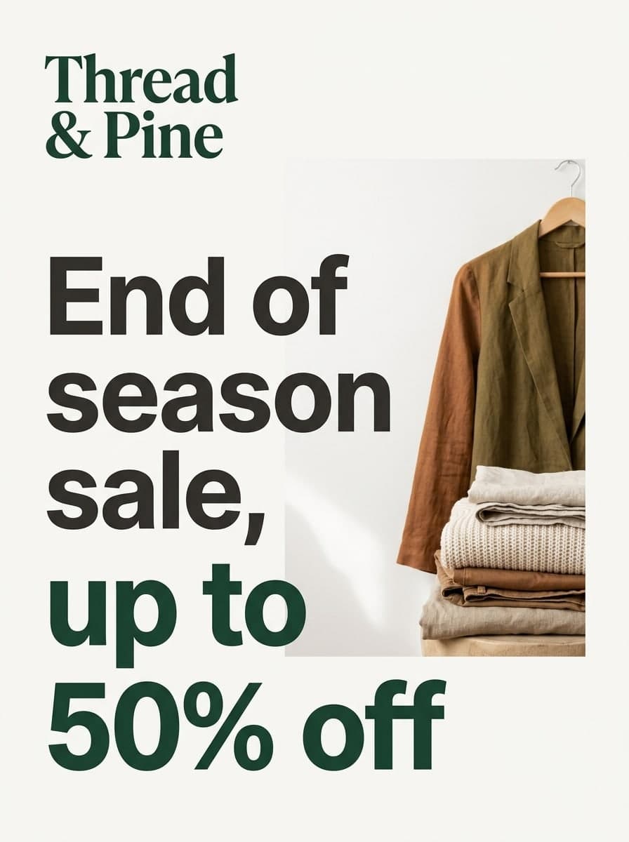 Clothing store sale: “Thread & Pine” · “End of season sale, up to 50% off”